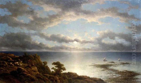 Shepherds Overlooking The Sea At Sunset Oil Painting by Johannes Hilverdink