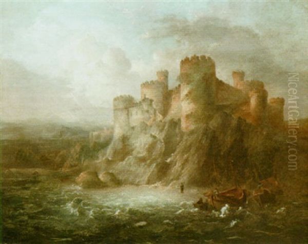 Sailing Vessel On A Choppy Sea Near A Castle Oil Painting by Johannes Hilverdink