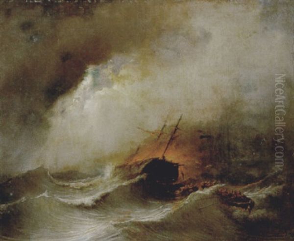 Brandend Schip Oil Painting by Johannes Hilverdink