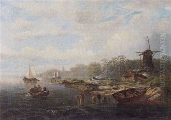 Niederlandische Landschaft Mit Einer Alten Windmuhle Am Ufer Und Fischerbooten Auf Dem Wasser Oil Painting by Johannes Hilverdink