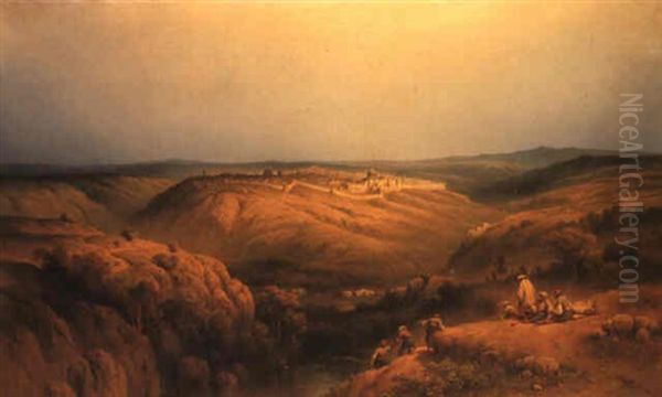 Arabs Resting On A Rocky Outcrop, Jerusalem Beyond Oil Painting by Johannes Hilverdink