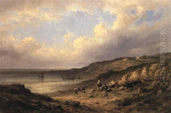 A Mediterranean Coastal View With Figures Resting Oil Painting by Johannes Hilverdink