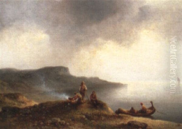 Camp Fire On The Cliff's Edge Oil Painting by Johannes Hilverdink