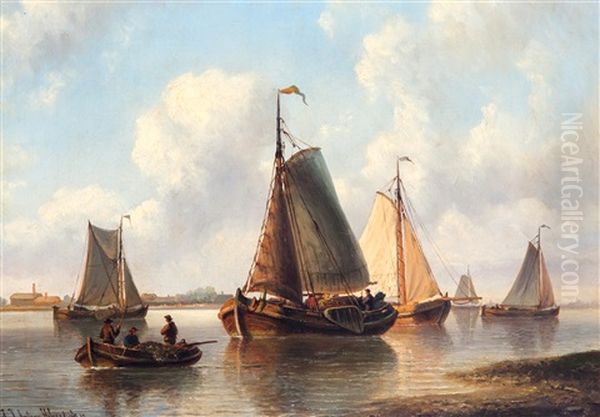 Rivierlandschap Met Vissersboten Op Kalm Water by Johannes Jacobus Antonius Hilverdink