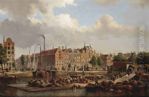 Numerous Figures On A Quay Near The Geldersekade, Amsterdam Oil Painting by Johannes Jacobus Antonius Hilverdink