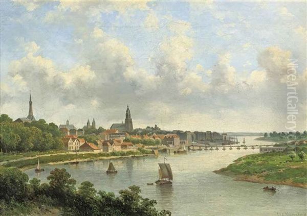 View Of A Riverside Town Oil Painting by Johannes Jacobus Antonius Hilverdink