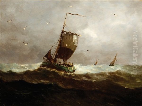 Fishing Boats On Choppy Water (+ Another, Similar; 2 Works) Oil Painting by Johannes Jacobus Antonius Hilverdink