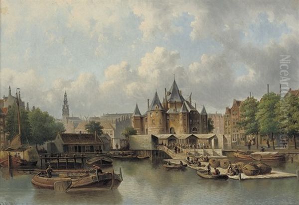 The Nieuwmarkt With The Waag, Amsterdam Oil Painting by Johannes Jacobus Antonius Hilverdink