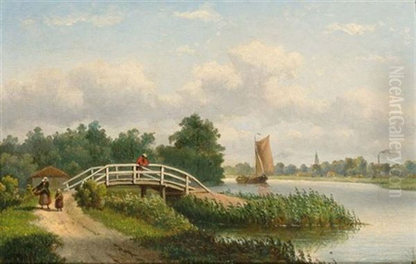 A Summer Landscape With Figures Along The River Oil Painting by Johannes Jacobus Antonius Hilverdink