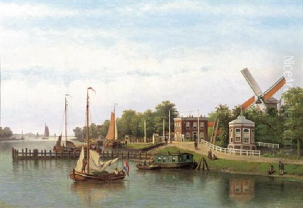 A View Of The Binnen Amstel, Amsterdam Oil Painting by Johannes Jacobus Antonius Hilverdink