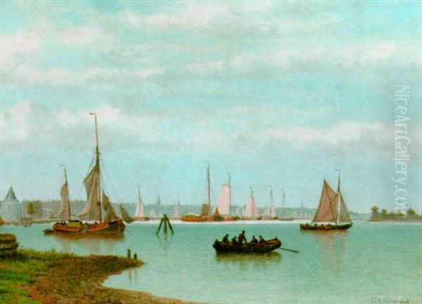 Sailing Vessels Near A Town Oil Painting by Johannes Jacobus Antonius Hilverdink