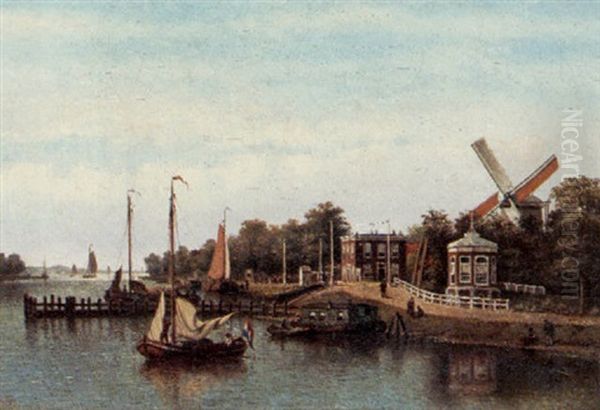 A View Of The River Amstel Oil Painting by Johannes Jacobus Antonius Hilverdink