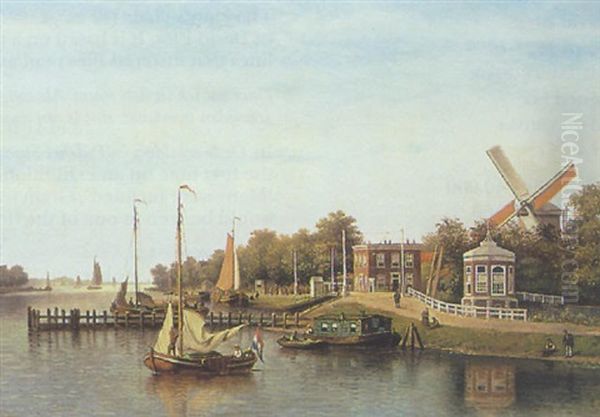 A View Of The River Amstel Oil Painting by Johannes Jacobus Antonius Hilverdink