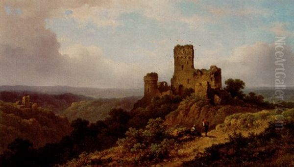 Mountainous Landscape With Castle Ruins And Figures Oil Painting by Johannes Jacobus Antonius Hilverdink