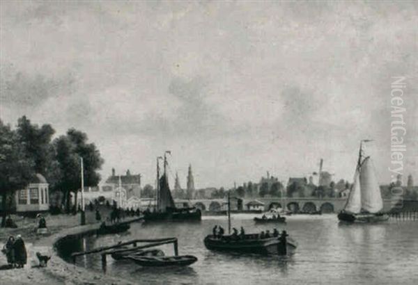 Townsfolk On A Quay Oil Painting by Johannes Jacobus Antonius Hilverdink