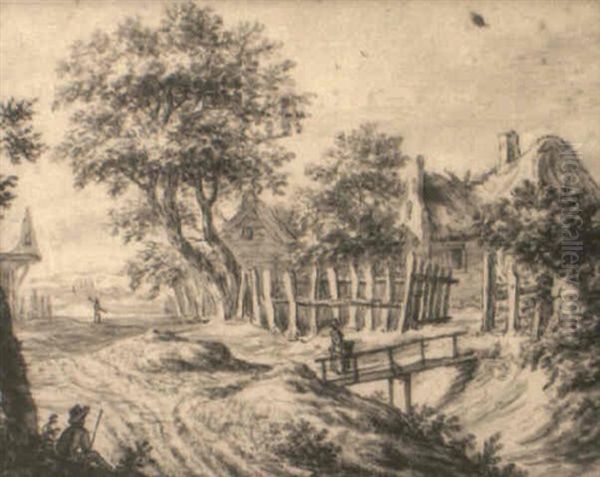 View At The Edge Of A Village With A Woman On A Bridge by Aarnout (Anthonis A.) Ter Himpel