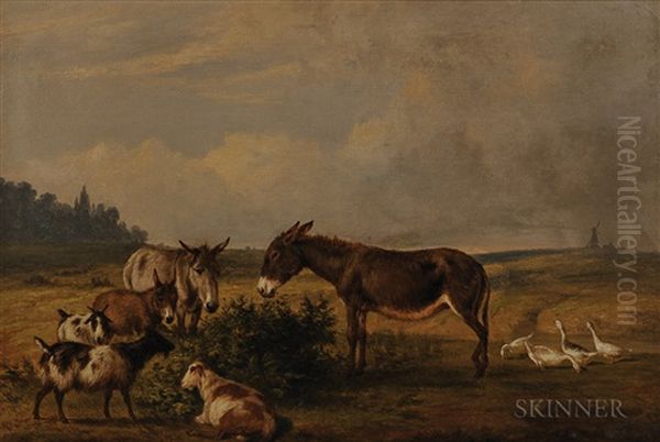 Donkeys, Goats, And Geese In A Field With A Distant Windmill Oil Painting by Thomas Hewes Hinckley