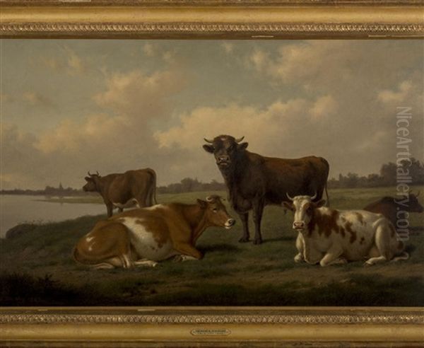 Cows By A Stream Oil Painting by Thomas Hewes Hinckley