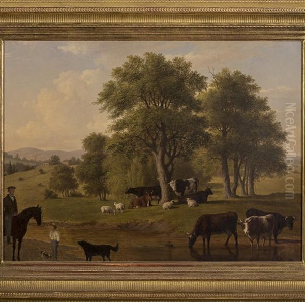 Cows And Sheep Watering At A Stream With A Child, Horse And Rider On The Other Bank Oil Painting by Thomas Hewes Hinckley