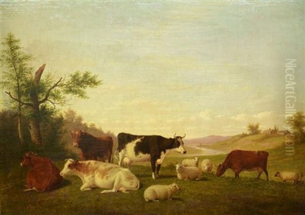 Cows And Sheep Near River Oil Painting by Thomas Hewes Hinckley