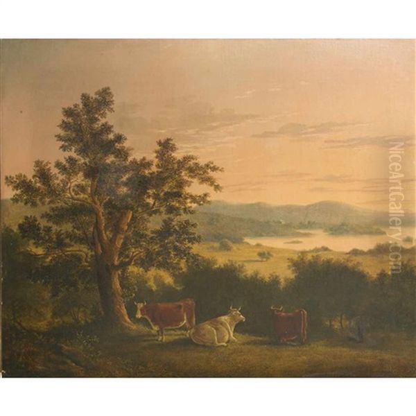 Cows Overlooking A River At Sunset Oil Painting by Thomas Hewes Hinckley