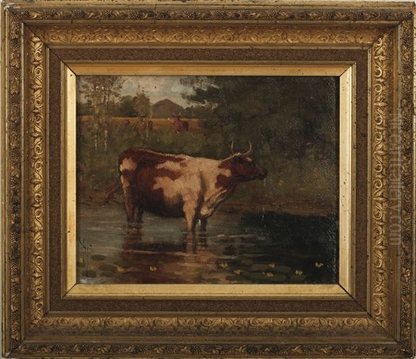 Cow Wading In A Stream Oil Painting by Thomas Hewes Hinckley