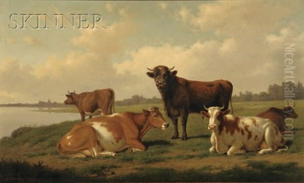 Pastoral View With Cows Oil Painting by Thomas Hewes Hinckley