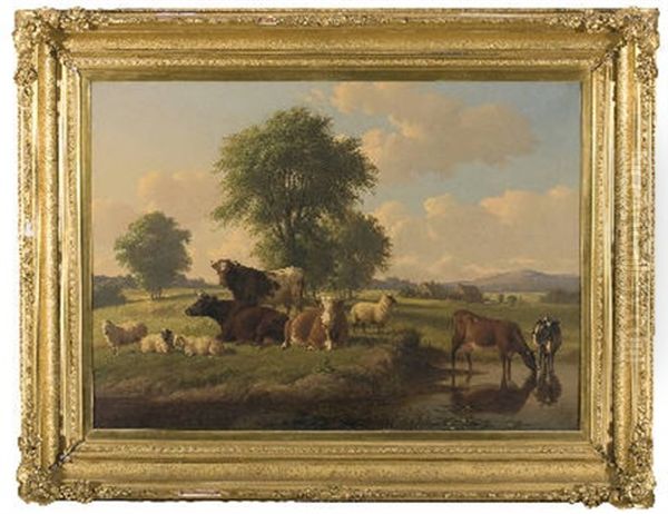 Cattle And Sheep In A Meadow With Stream Oil Painting by Thomas Hewes Hinckley