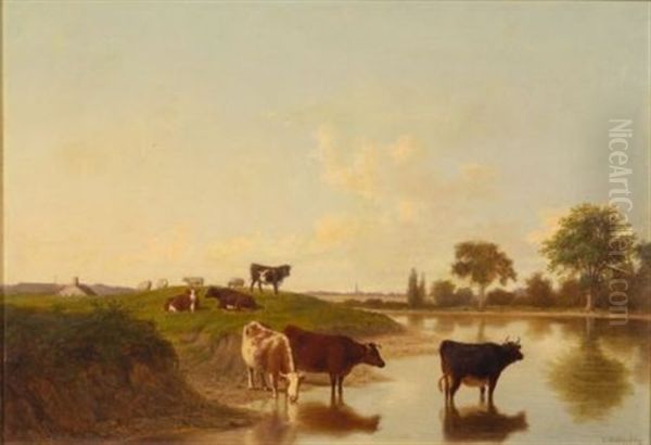 Cattle Watering Oil Painting by Thomas Hewes Hinckley