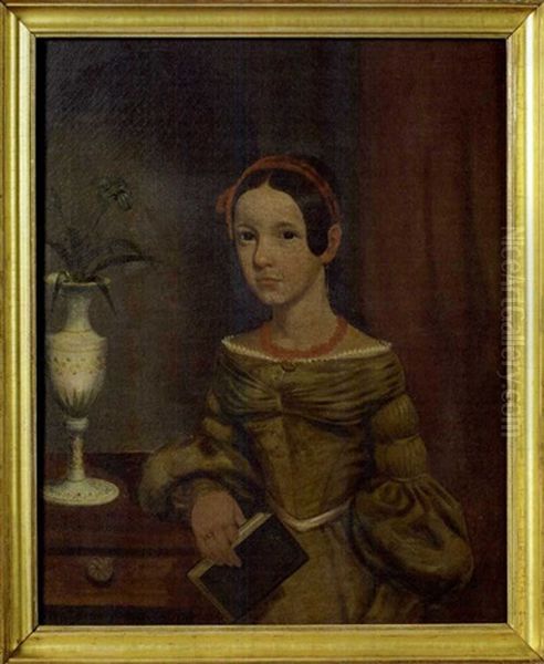 New England Portrait Of Girl With Coral Beaded Necklace Seated Beside One-drawer Stand With Porcelain Vase With Flower Oil Painting by Thomas Hewes Hinckley