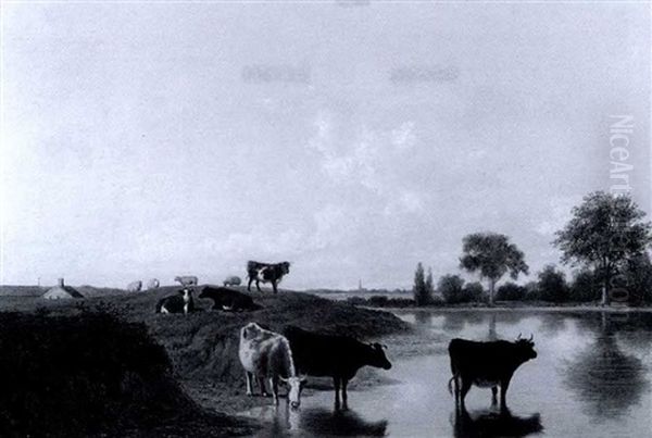 Cattle Watering Oil Painting by Thomas Hewes Hinckley