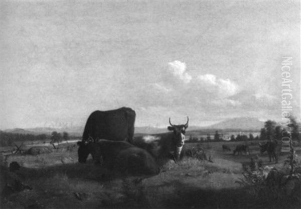 Cows At Pasture, Near Springfield, Massachusetts Oil Painting by Thomas Hewes Hinckley