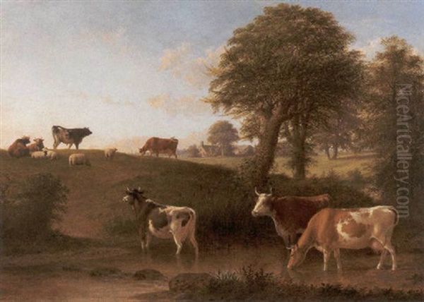 Cows In Landscape With Farmhouse In Distance Oil Painting by Thomas Hewes Hinckley