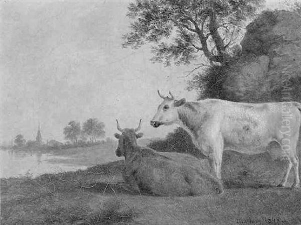 Cows Resting In Landscape Oil Painting by Thomas Hewes Hinckley