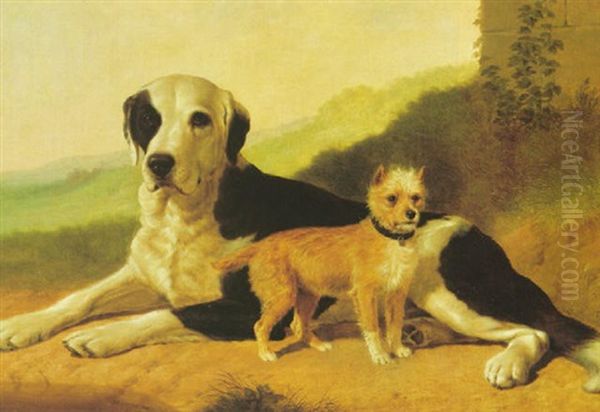 Hound And Terrier In A Landscape Oil Painting by Thomas Hewes Hinckley