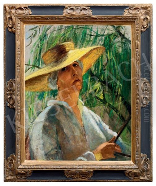 Self-portrait In A Yellow Hat Oil Painting by Katalin Hindi Szabo