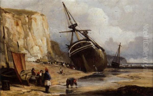 Unloading The Timber Cargo At Low Tide Oil Painting by Henry George Hine