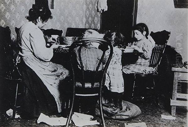 Picking Nuts In A Basement Tenement Ages 4-6-9 Oil Painting by Lewis Hine