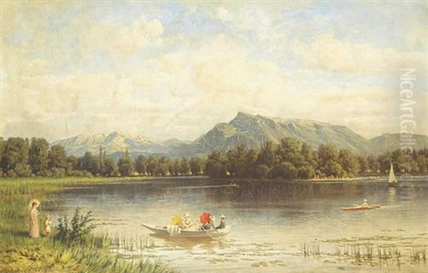 Sommerliche Landschaft Am Staffelsee Mit Booten Und Figurenstaffage Oil Painting by Franz Hinterholzer