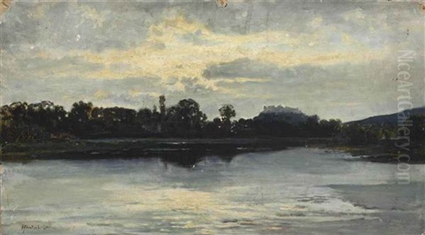 On The Banks Of The Danube With A Fortress, Possibly The Petrovaradin Fortress Oil Painting by Franz Hinterholzer