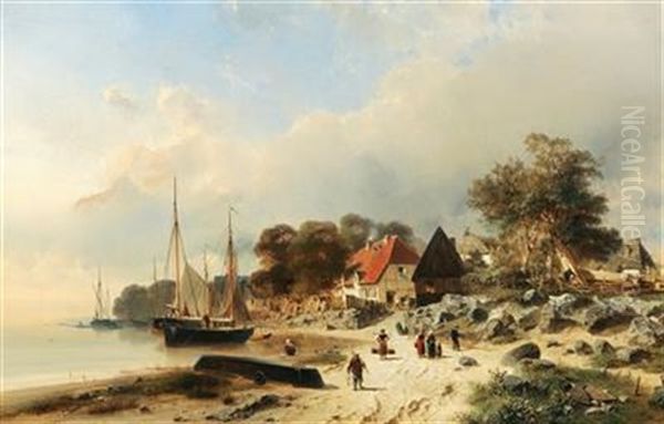 Sailing Ships By A Coastal Village Oil Painting by Julius Hintz