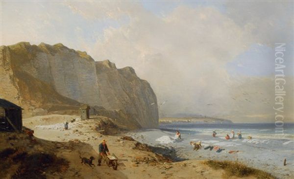 Coast With Washwomen Oil Painting by Julius Hintz