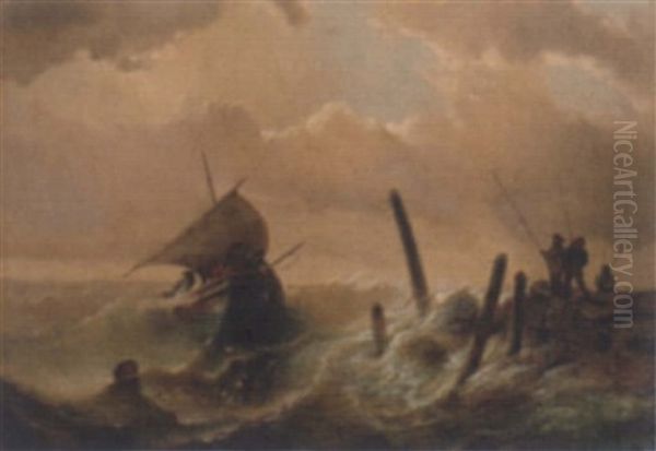 Sturm An Der Mole Oil Painting by Julius Hintz