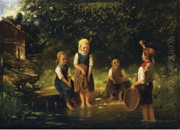 Quatre Enfants Au Bord De La Riviere Oil Painting by Johann Ferdinand Julius Hintze