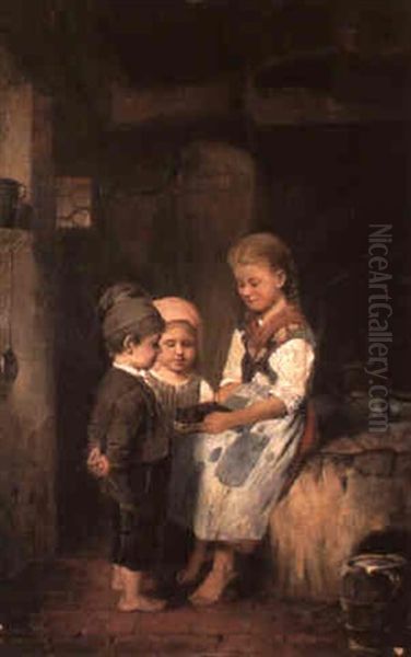 Drei Kinder Bestaunen Eine Maus In Der Falle Oil Painting by Johann Ferdinand Julius Hintze