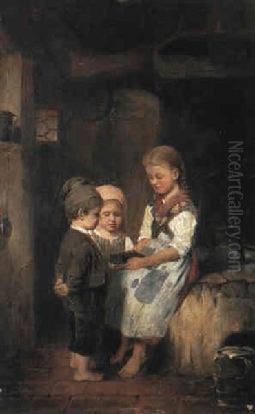 Drei Kinder Bestaunen Eine Maus In Der Mausefalle Oil Painting by Johann Ferdinand Julius Hintze