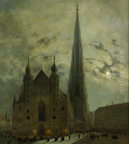 Der Wiener Stephansdom Mit Kirchgangern Bei Mondschein Oil Painting by Johann Heinrich Hintze