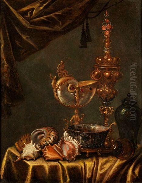 Stilleben Mit Prunkpokal, Nautilusbecher, Vase, Muscheln Und Einer Porzellanschale Oil Painting by Johannes Georg Hinz