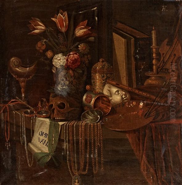 Still Life With Skull, Flowers, Jewelery And Attributes For Art And Music Oil Painting by Johannes Georg Hinz