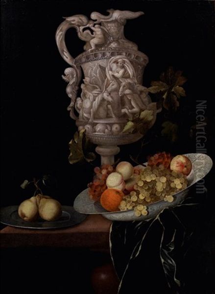 Nature Morte Au Vase Sculpte Et Plats De Fruits Sur Une Table Oil Painting by Johannes Georg Hinz